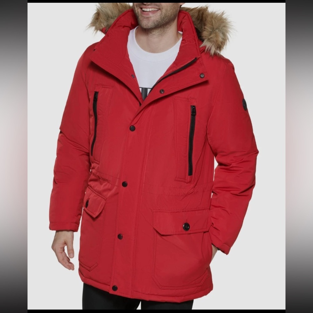Michael Kors Parka Jacket Mens Large Red Faux Fur Hood Arctic Coat